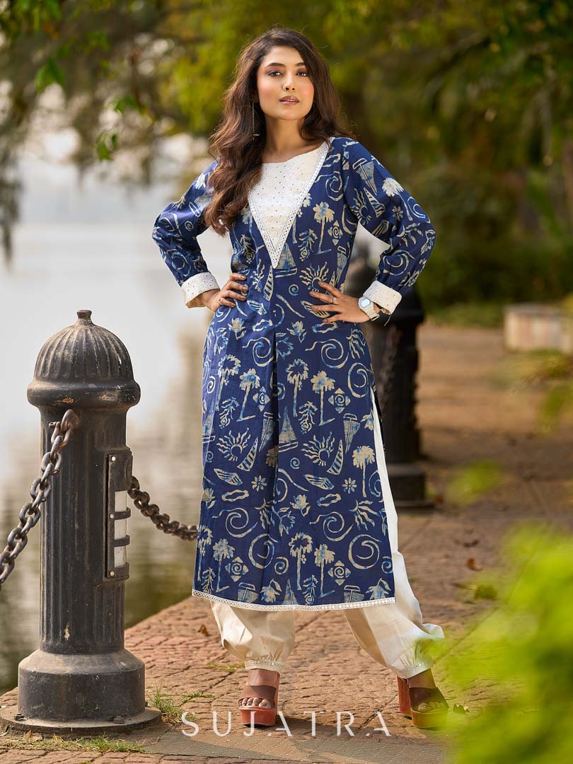 Indigo Statement Kurta with Intricate Hakoba Panel and Delicate Mirror Work