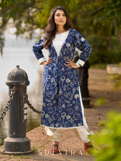 Indigo Statement Kurta with Intricate Hakoba Panel and Delicate Mirror Work