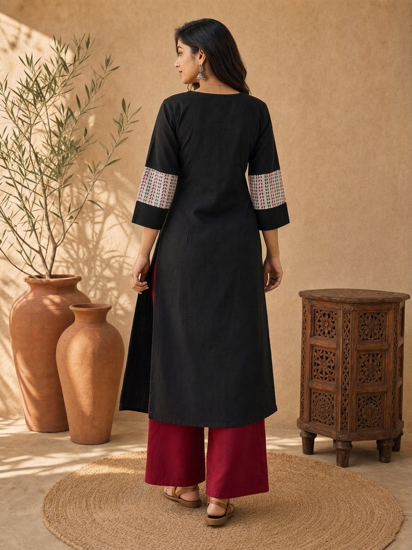 Timeless Black Cotton Kurta with Ajrakh Printed Sweetheart Neckline & Matching Sleeve Detail