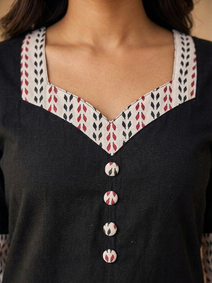 Timeless Black Cotton Kurta with Ajrakh Printed Sweetheart Neckline & Matching Sleeve Detail