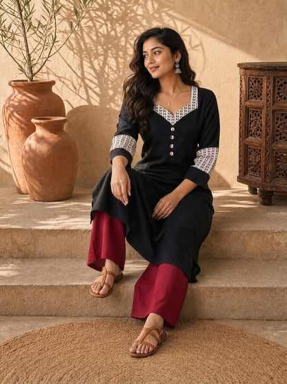 Timeless Black Cotton Kurta with Ajrakh Printed Sweetheart Neckline & Matching Sleeve Detail