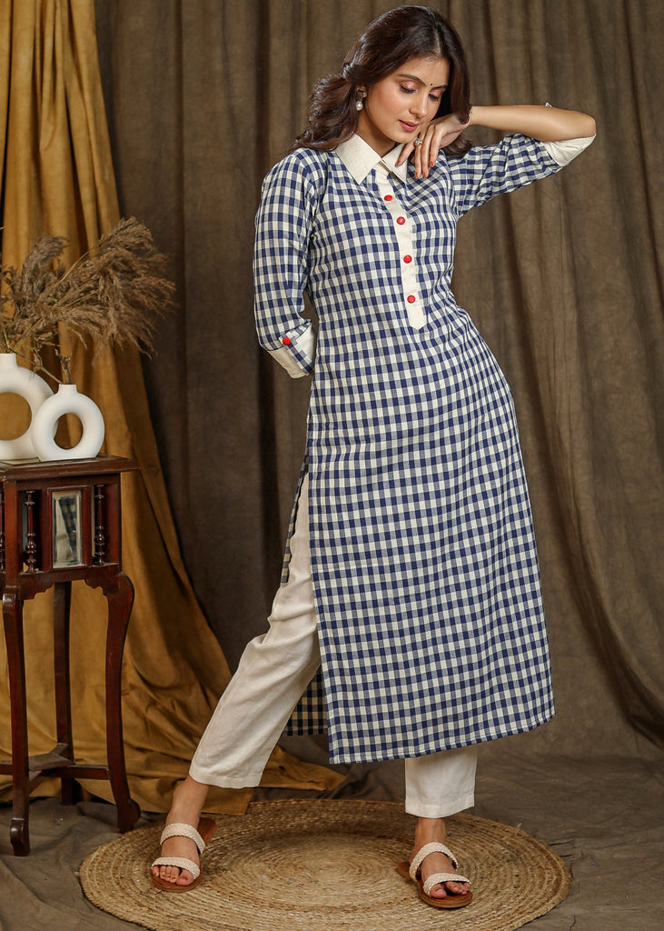 Smart Collared Cotton Checks Pattern Straight Cut Kurta