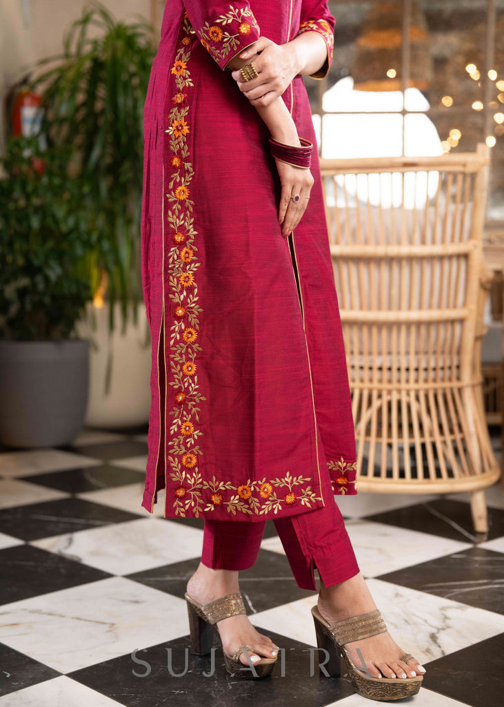Beautiful Magenta Cotton Silk Pant &Kurta With Embroidery On Sides & Sleeves  - Dupatta Optional