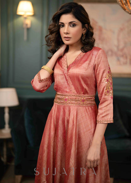 Beautifully Hand Embroidered Onion Pink Blended Silk Flared Kurta - Pant Optional