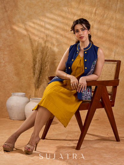 Elegant Navy Blue Cotton Sleeveless Jacket with Indigo Hand Kantha Side Panel & Contrasting Button and Collar Detail