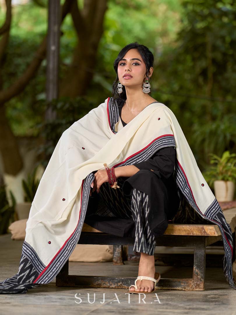 Graceful Off White Rayon Dupatta with Contrasting Ikat Pallu & Minimal Hand Embroidery