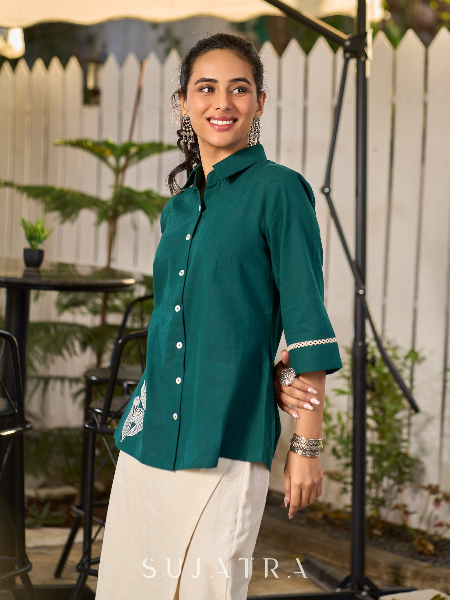 Classic Green Cotton Shirt Featuring Delicate Handcrafted Embroidery