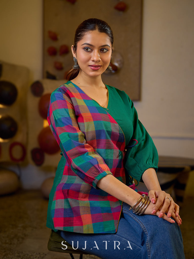 Vibrant Checkered Handloom Cotton Wrap Style Top with Plain Green Combination