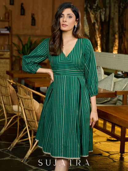 Artisan Handwoven Green Jamdani Dress with V Neck and Box Pleats