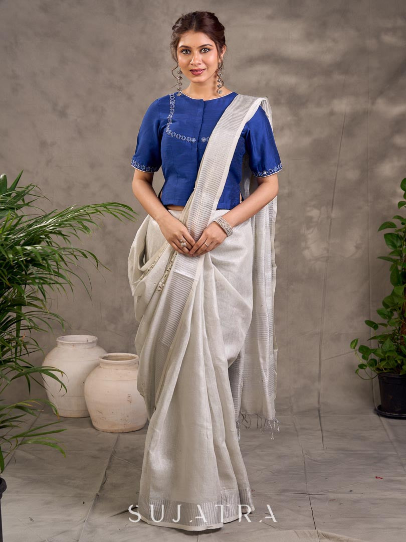 Minimal Grey Pure Linen Saree with Cutwork
