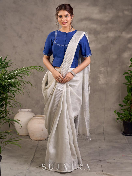 Minimal Grey Pure Linen Saree with Cutwork