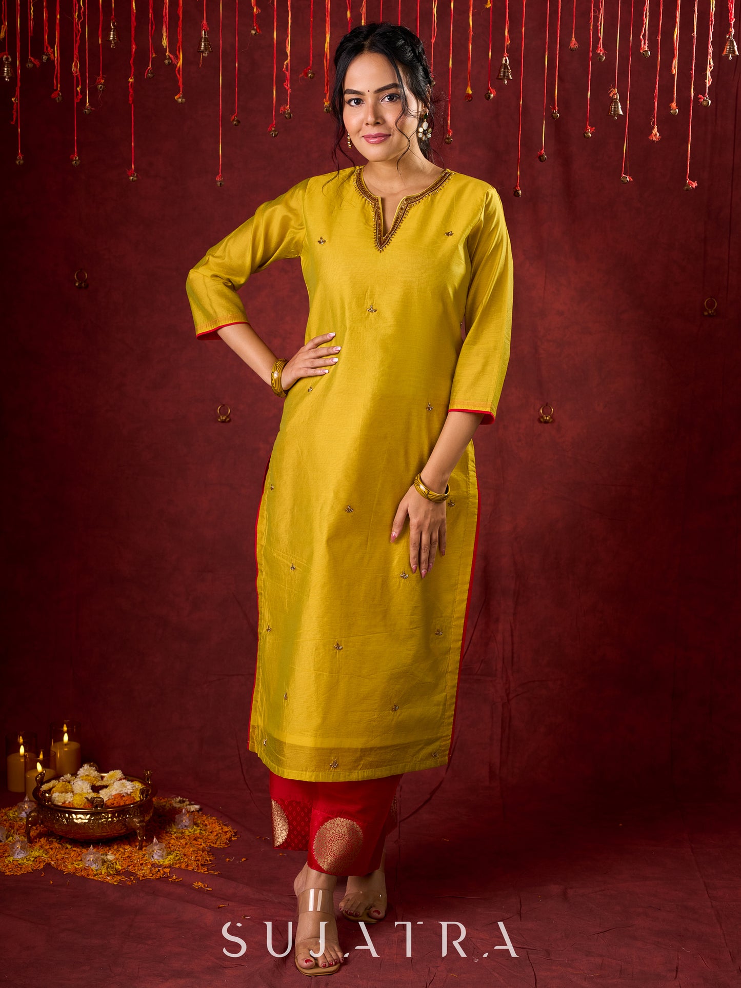Stylish yellow Chanderi kurta featuring intricate handcrafted embroidery -  pant n dupatta optional