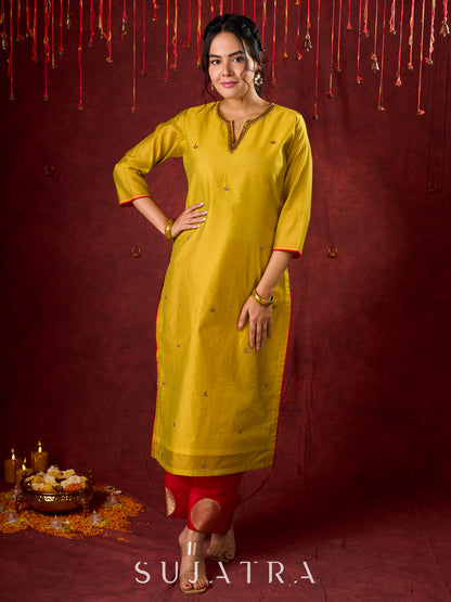 Stylish yellow Chanderi kurta featuring intricate handcrafted embroidery -  pant n dupatta optional