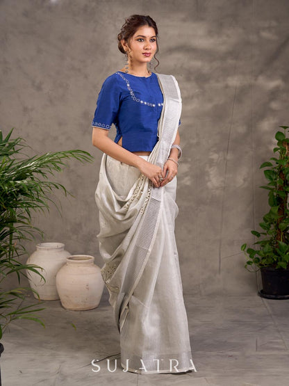 Minimal Grey Pure Linen Saree with Cutwork
