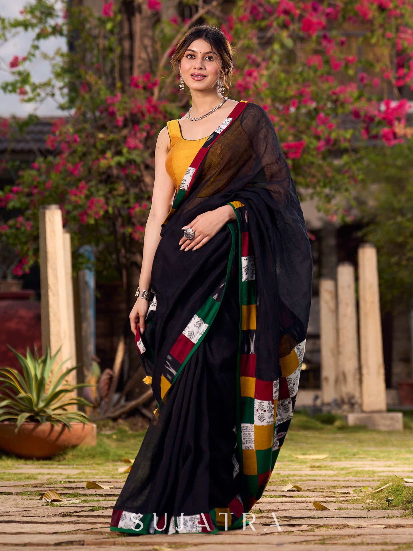 Graceful Black Cotton Saree with Vibrant Colorblock Patchwork