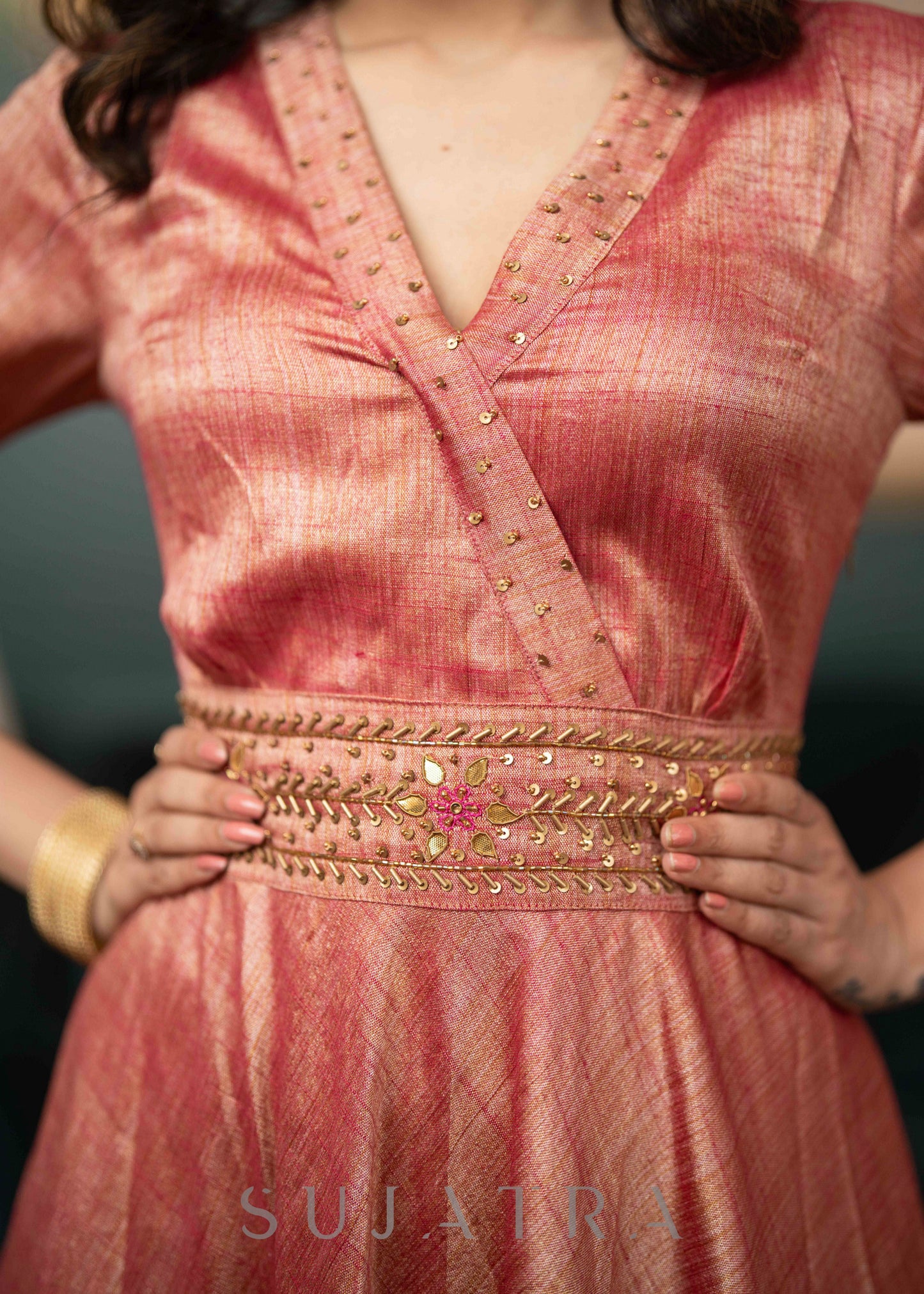 Beautifully Hand Embroidered Onion Pink Blended Silk Flared Kurta - Pant Optional