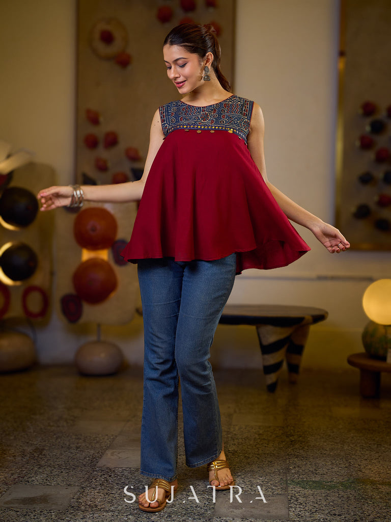 Exquisite Maroon Flared Top Featuring a Graceful Blue Ajrakh Yoke, Mirror Lace, and Delicate Silver Highlights
