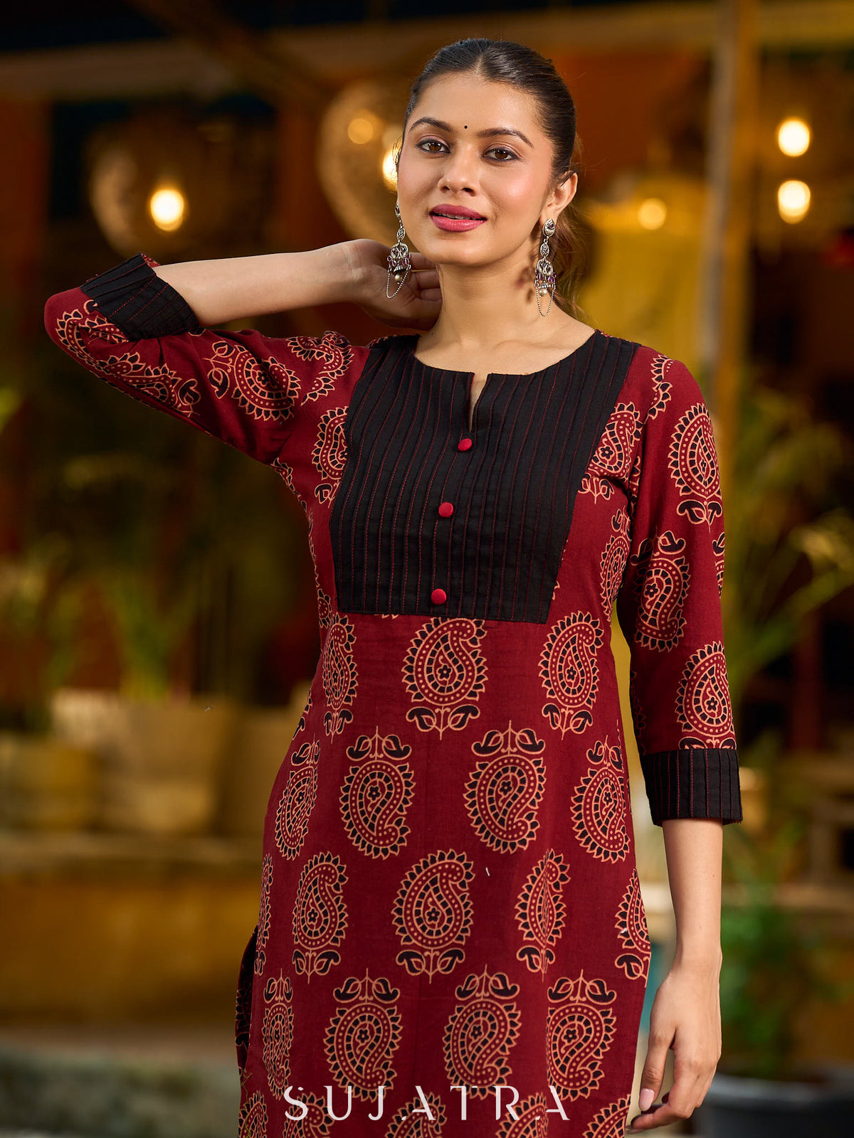 Dussehra Sale — Stunning maroon Ajrakh kurta with an artisanal black pintuck patch. - Pant Optional