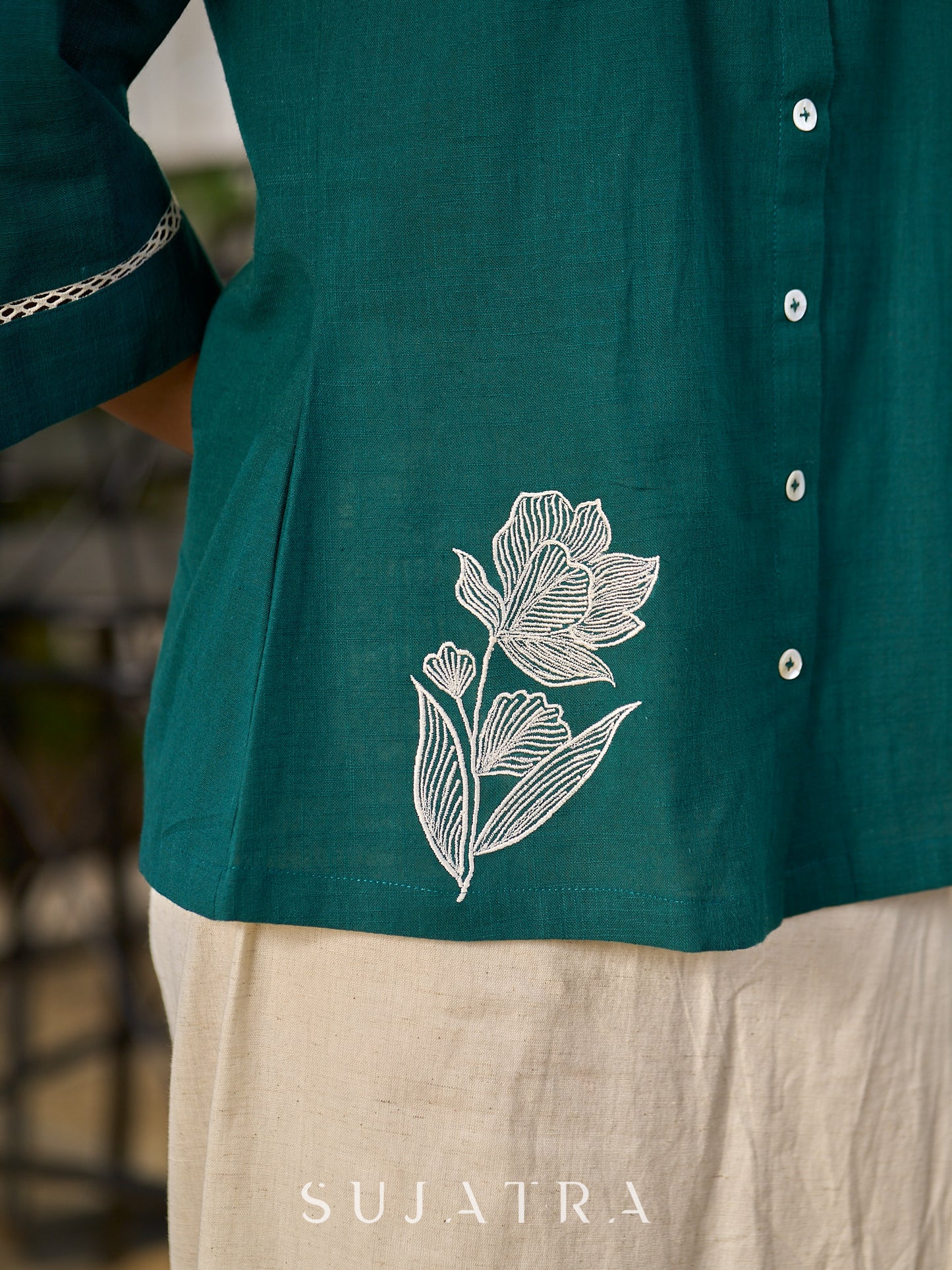 Classic Green Cotton Shirt Featuring Delicate Handcrafted Embroidery
