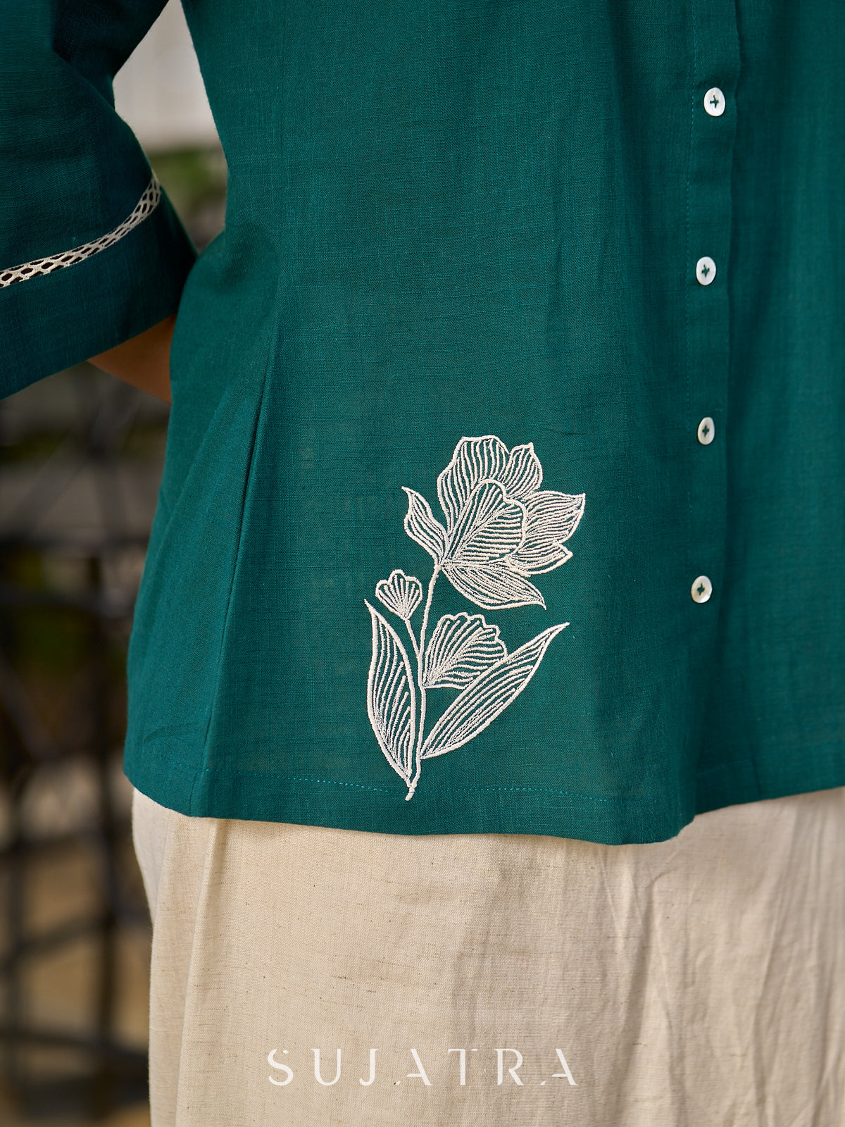 Classic Green Cotton Shirt Featuring Delicate Handcrafted Embroidery - Pant Optional