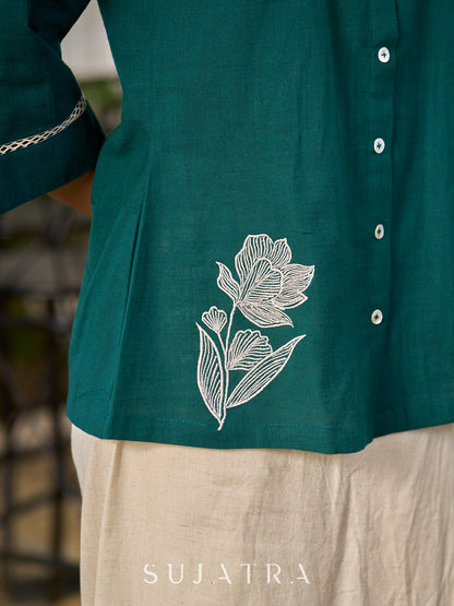 Classic Green Cotton Shirt Featuring Delicate Handcrafted Embroidery