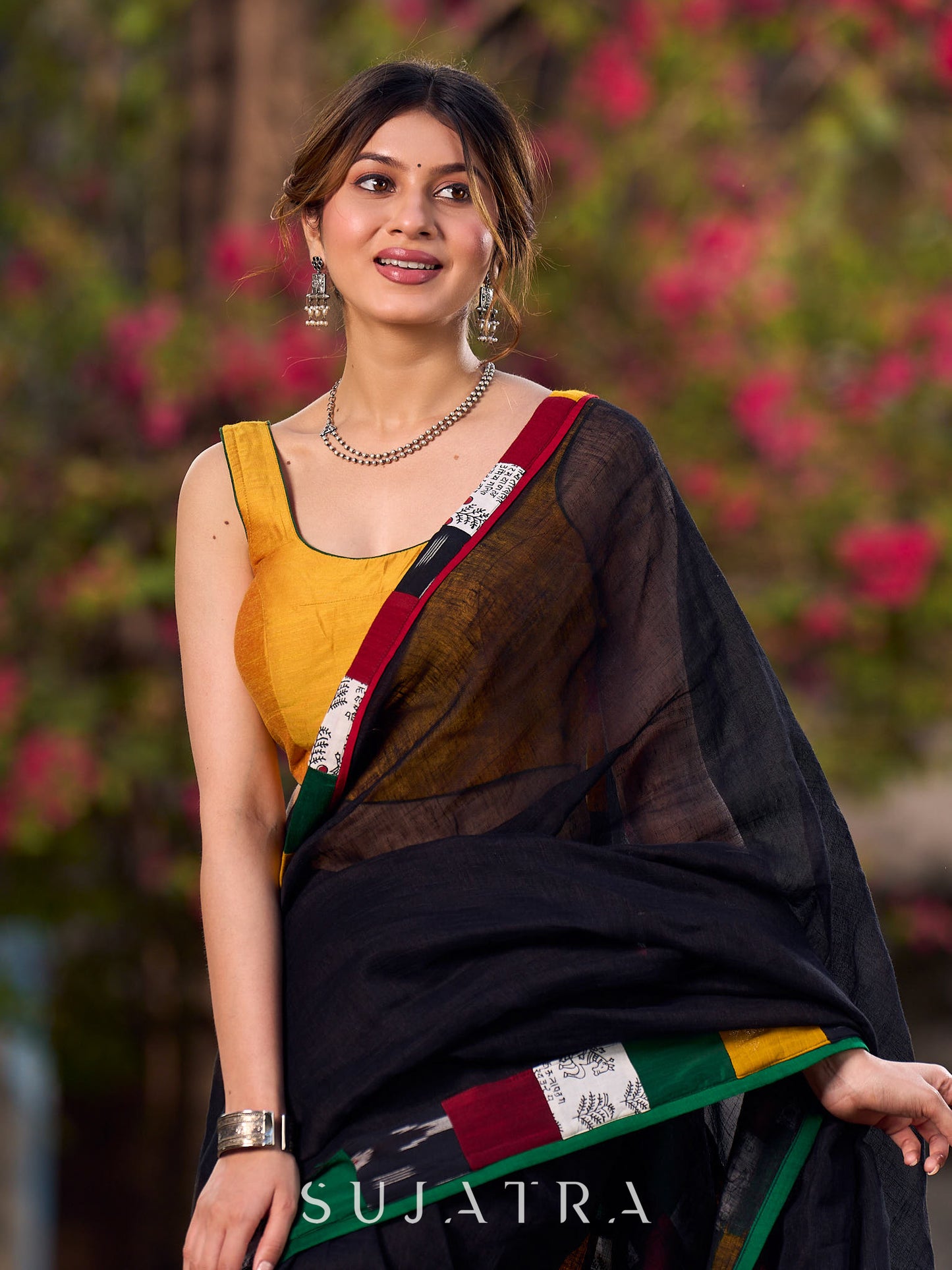 Graceful Black Cotton Saree with Vibrant Colorblock Patchwork