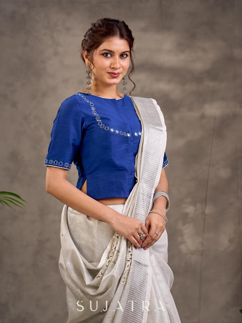Royal Blue Cotton Silk Blouse with Short Sleeves and Mirror Embroidered Neckline and Sleeve Border