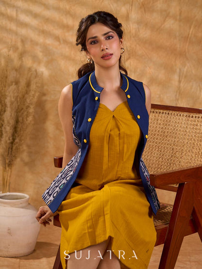 Elegant Navy Blue Cotton Sleeveless Jacket with Indigo Hand Kantha Side Panel & Contrasting Button and Collar Detail