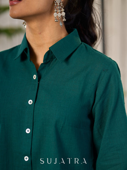 Classic Green Cotton Shirt Featuring Delicate Handcrafted Embroidery