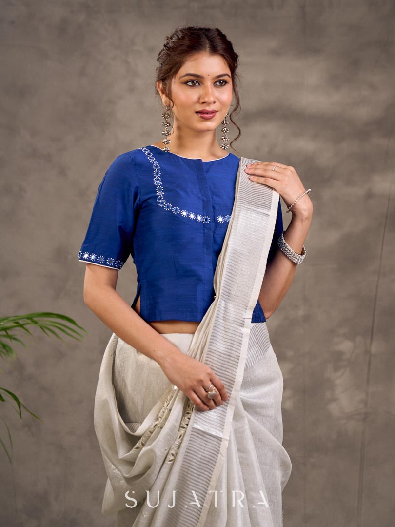 Minimal Grey Pure Linen Saree with Cutwork