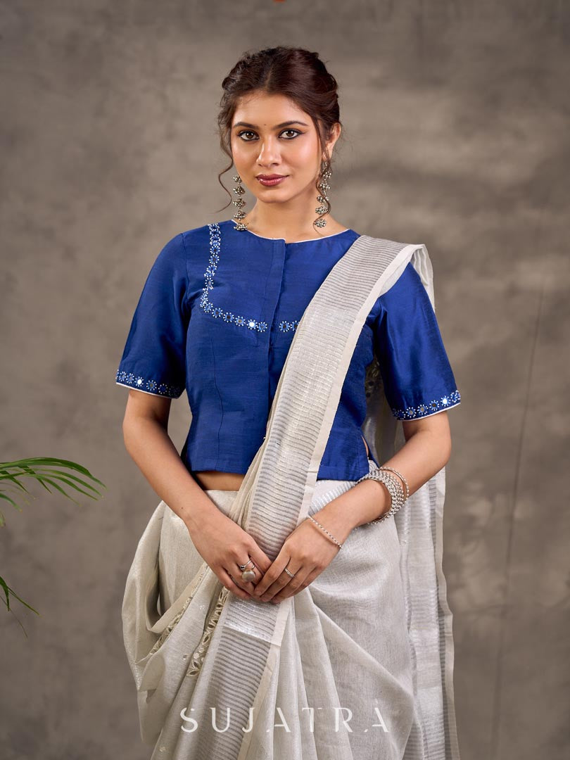 Minimal Grey Pure Linen Saree with Cutwork