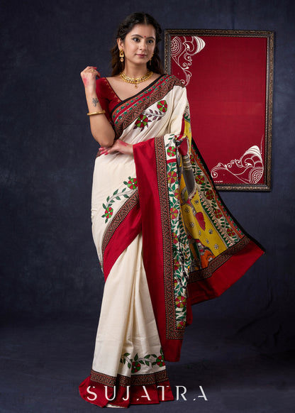 Beautiful Off-white saree with Hand-Painted Madhubani Pallu Highlighted with Ajrakh Border & Painted Floral Motifs