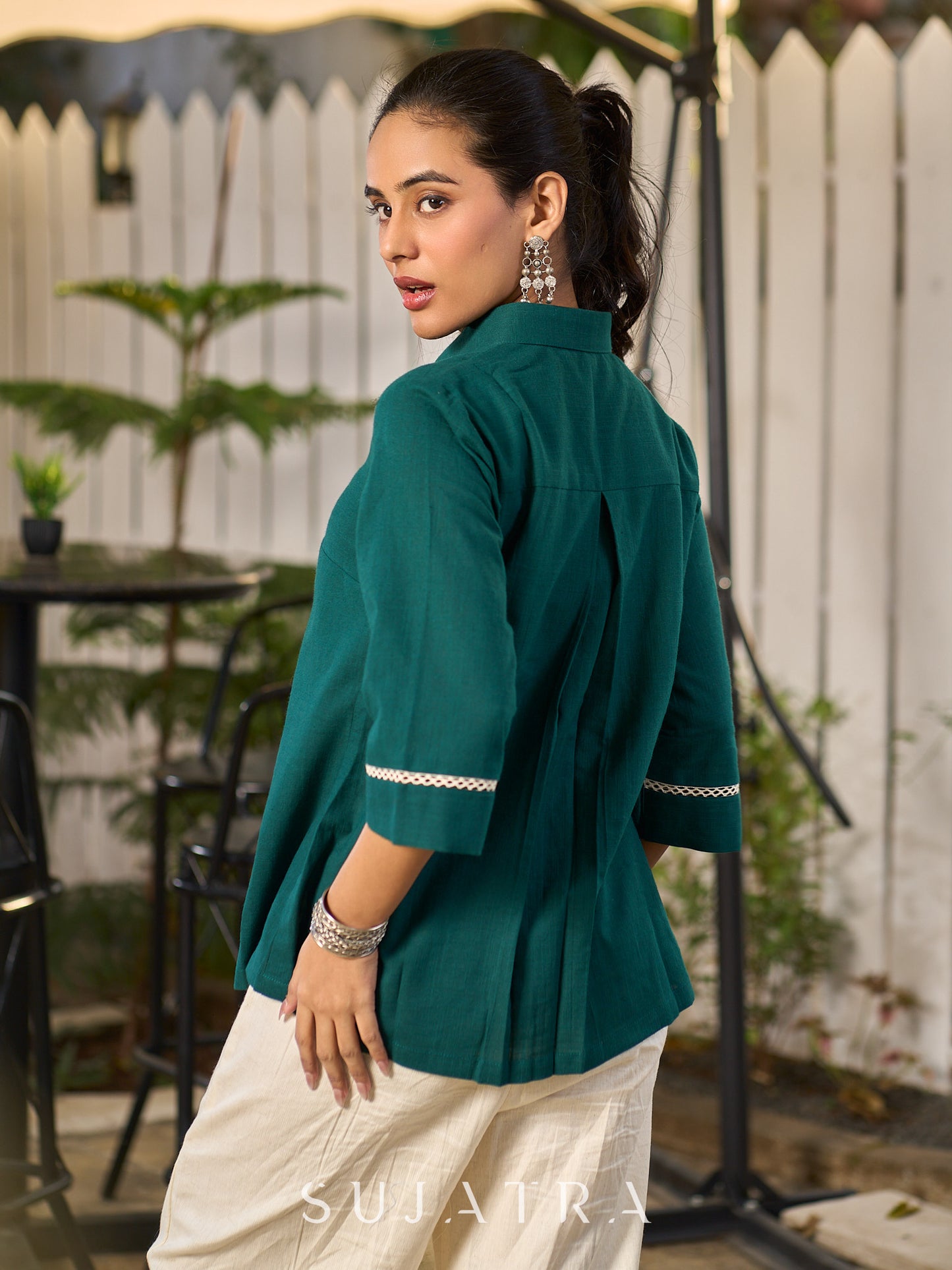 Classic Green Cotton Shirt Featuring Delicate Handcrafted Embroidery