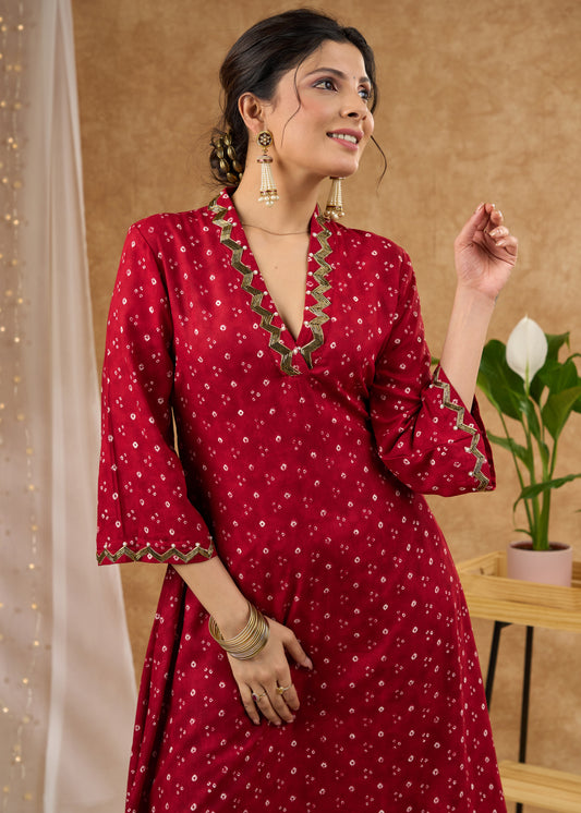 Intricately hand embroidered bandhani printed kurta Pant optional