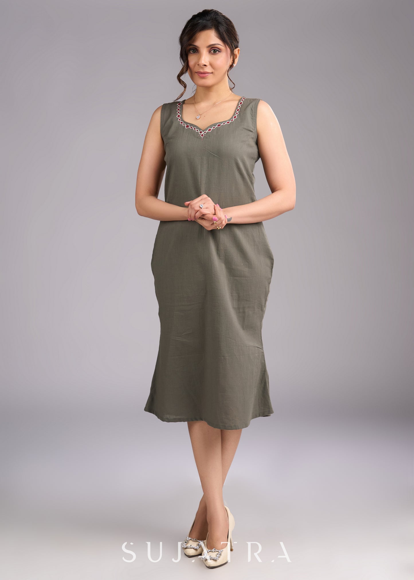 Grey Cotton Artistry Dress with Handpainted Neckline - Ikat Jacket Optional