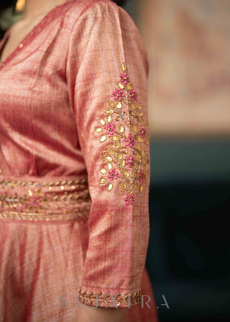 Beautifully Hand Embroidered Onion Pink Blended Silk Flared Kurta - Pant Optional