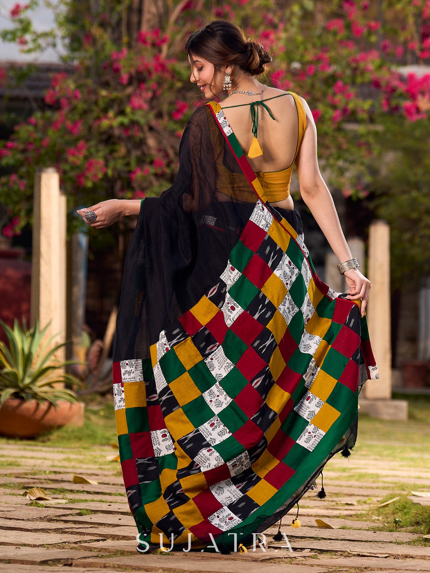 Graceful Black Cotton Saree with Vibrant Colorblock Patchwork