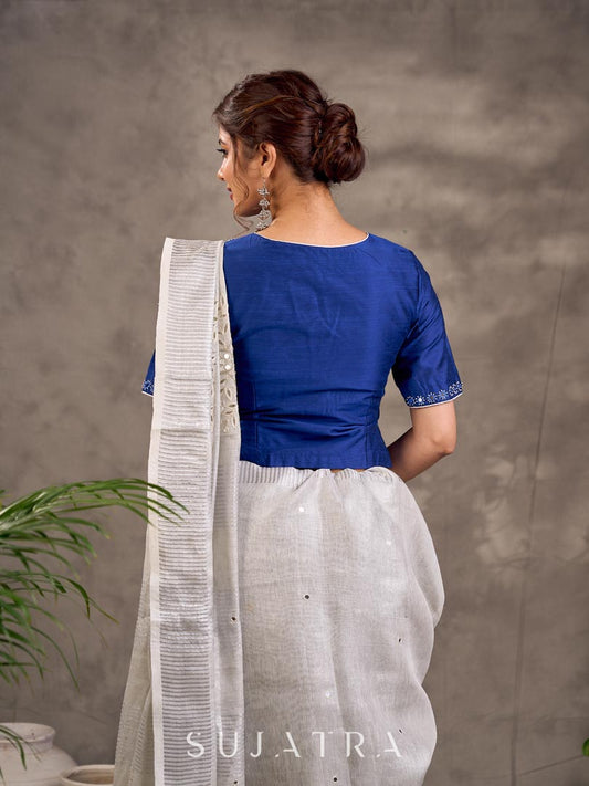 Royal Blue Cotton Silk Blouse with Short Sleeves and Mirror Embroidered Neckline and Sleeve Border