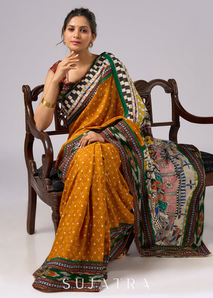 Vibrant yellow Bandhani print rayon saree with hand painted Madhubani art