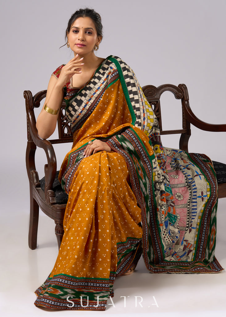 Vibrant yellow Bandhani print rayon saree with hand painted Madhubani art