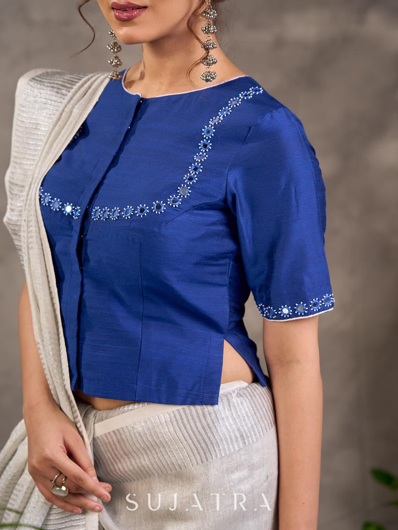 Royal Blue Cotton Silk Blouse with Short Sleeves and Mirror Embroidered Neckline and Sleeve Border