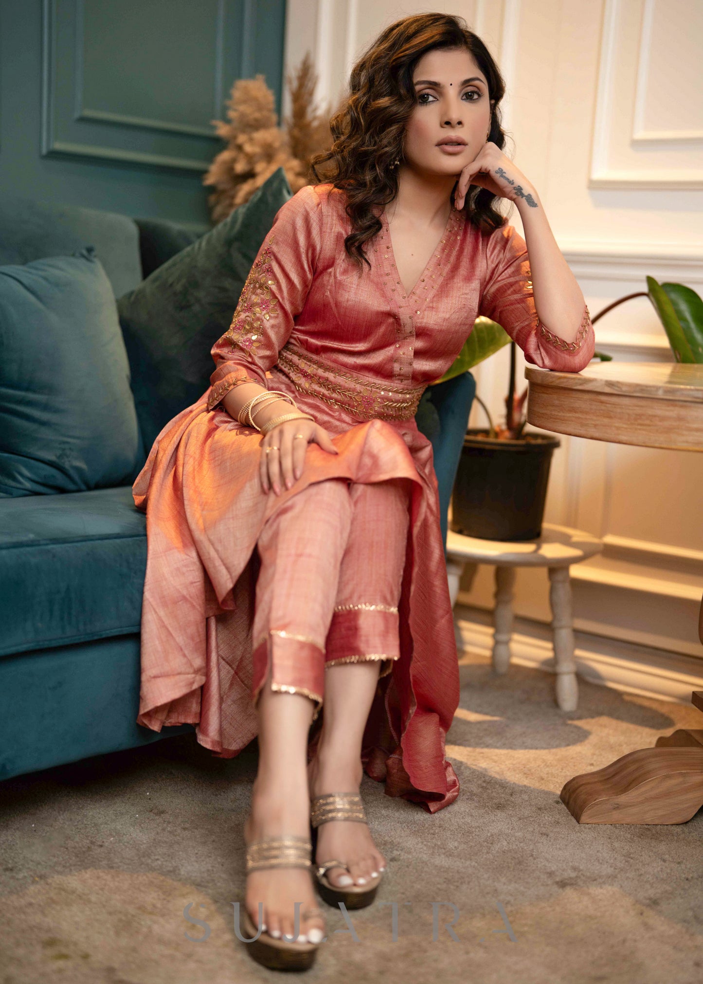 Beautifully Hand Embroidered Onion Pink Blended Silk Flared Kurta - Pant Optional