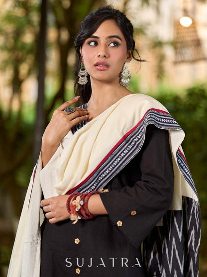 Graceful Off White Rayon Dupatta with Contrasting Ikat Pallu & Minimal Hand Embroidery