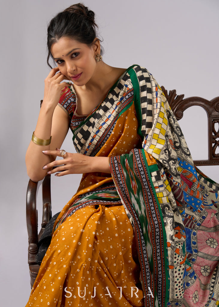 Vibrant yellow Bandhani print rayon saree with hand painted Madhubani art