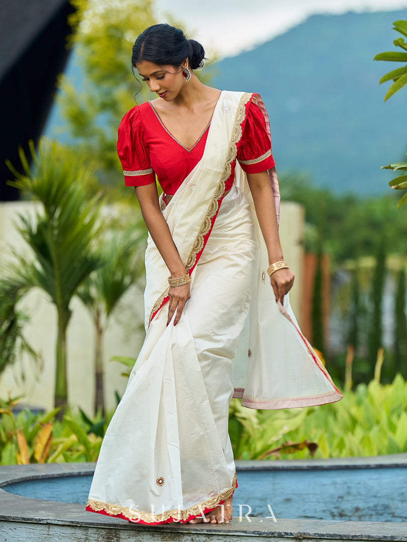 Traditional Ivory Chanderi Saree with Red-Gold Scalloped Border & Hand Embroidered Pallu