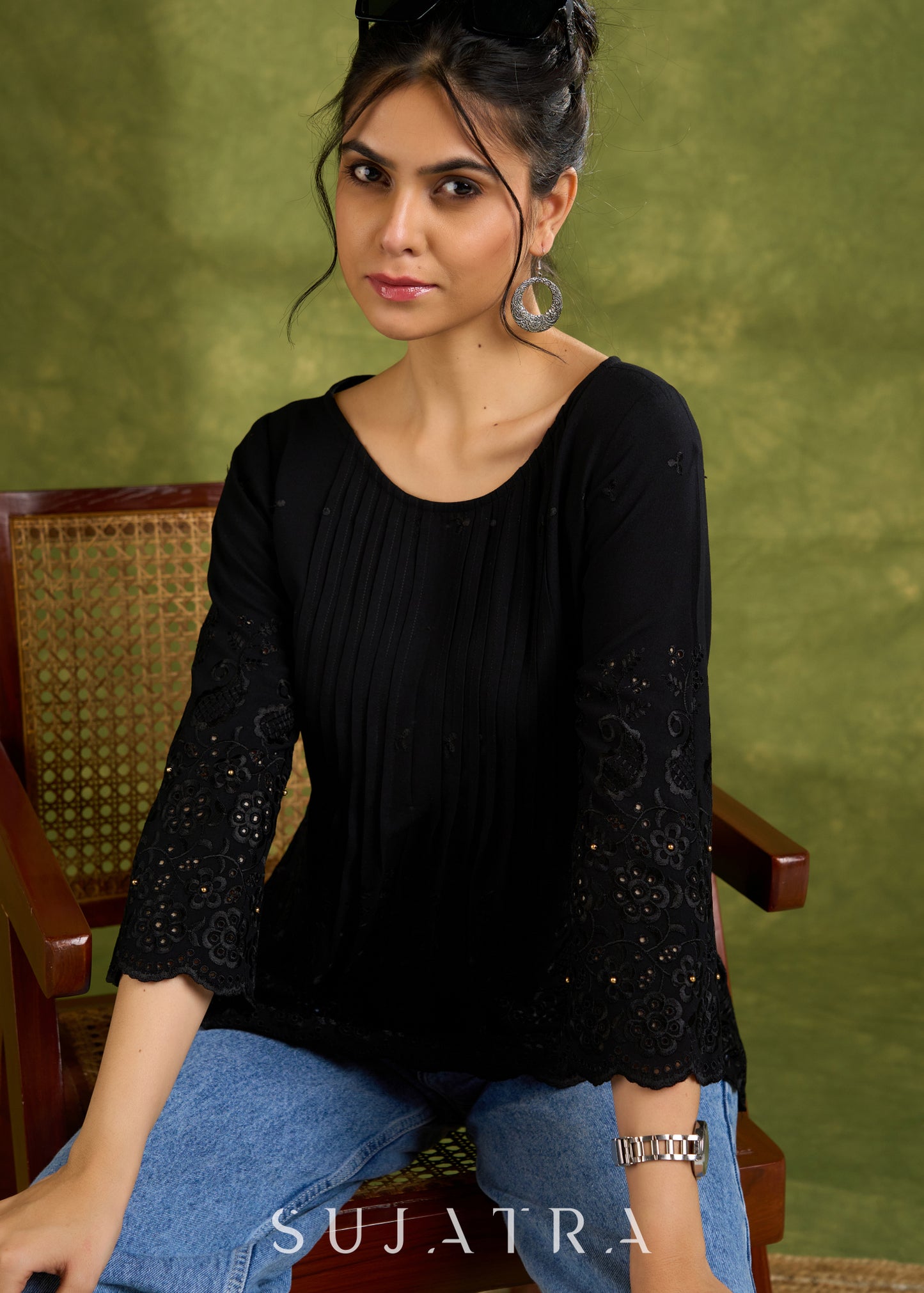 Black Hakoba Rayon Top With A Flared Silhouette, Pin-Tuck Detailing On The Front, And Scallop Sleeves