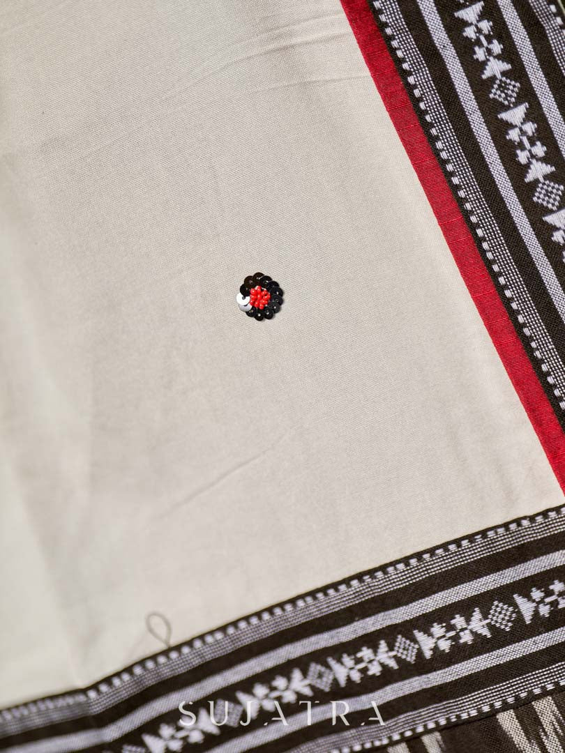 Graceful Off White Rayon Dupatta with Contrasting Ikat Pallu & Minimal Hand Embroidery