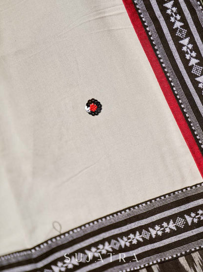 Graceful Off White Rayon Dupatta with Contrasting Ikat Pallu & Minimal Hand Embroidery