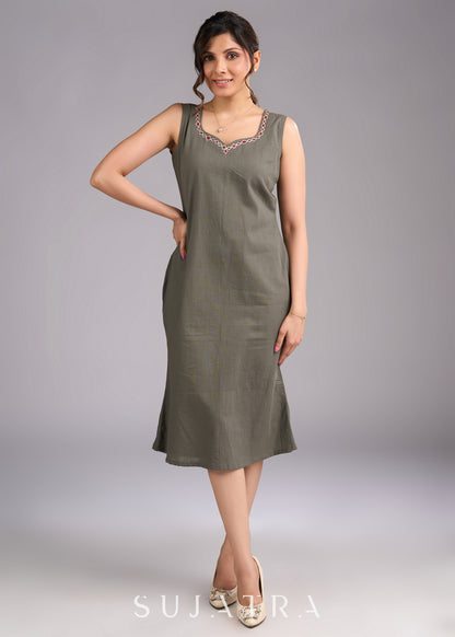 Grey Cotton Artistry Dress with Handpainted Neckline - Ikat Jacket Optional