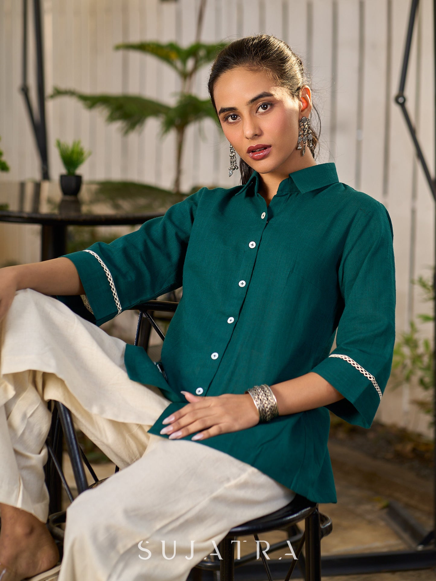 Classic Green Cotton Shirt Featuring Delicate Handcrafted Embroidery